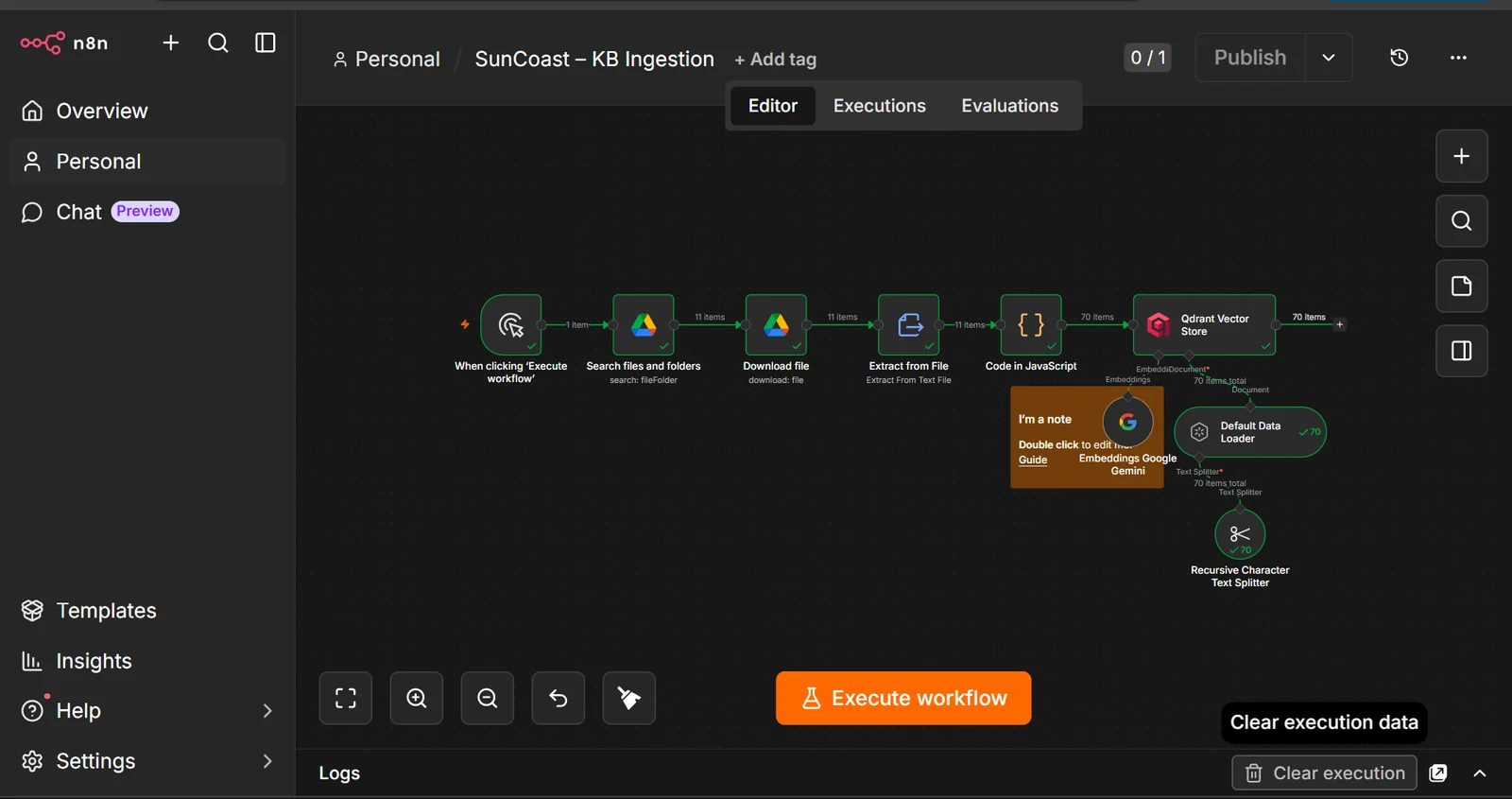 Screenshot of the n8n workflow that reads 11 documents from Google Drive, splits them into 70 chunks and stores them in Qdrant.